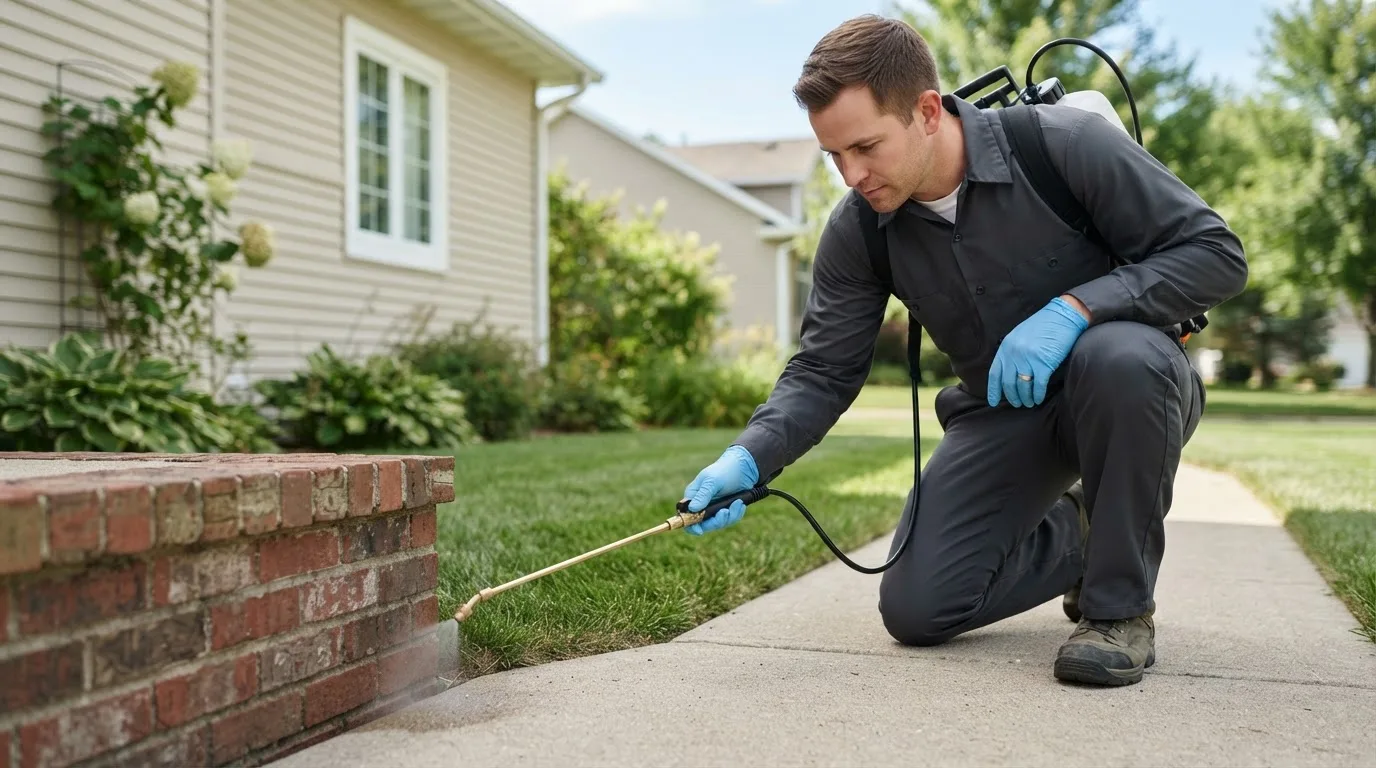 Pest control technician treating a home near Maple Grove, MN
